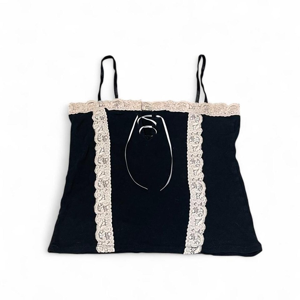 y2k black lace cami top with light pink lace trim and lace up chest area